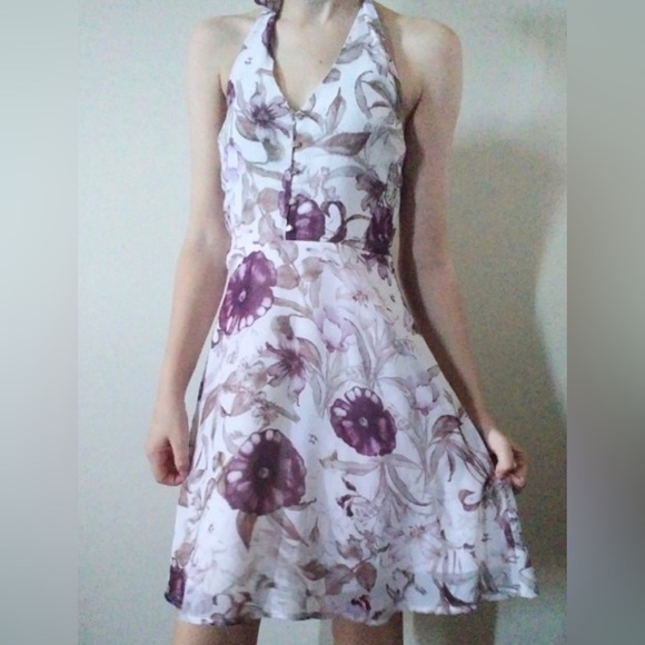 Dynamite - Floral White & Purple Halter Top Dress - Picture 1 of 3